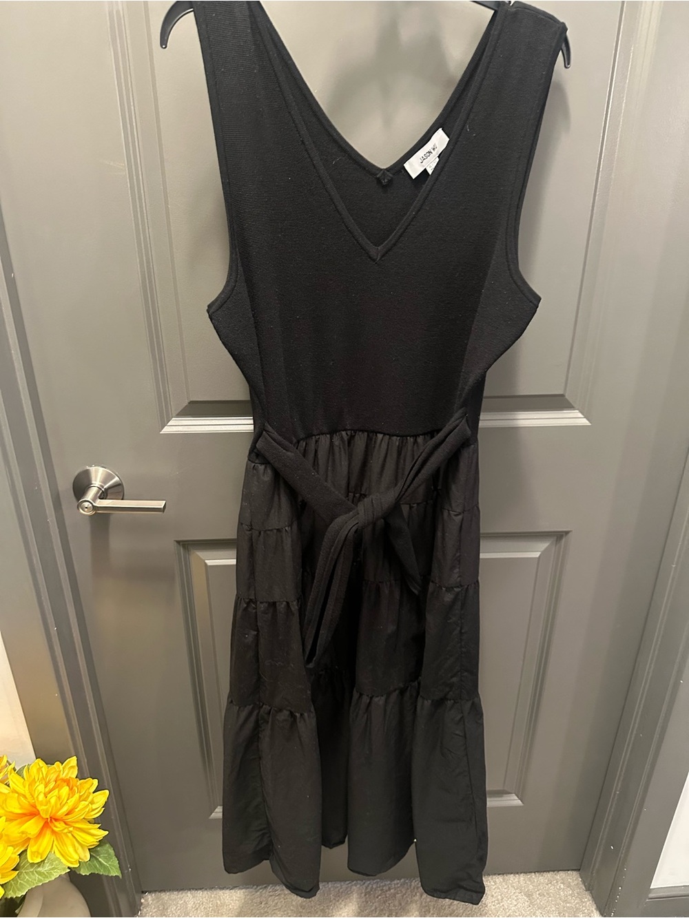 Jason Wu Black Sleeveless Tiered Dress with Waist Tie